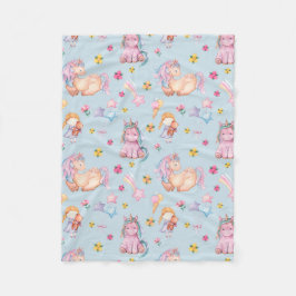 Pastel Storybook Unicorn & Floral Watercolor フリースブランケット