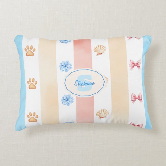 Pastel Stripe - Paw Prints, Blue Flower, Pink Bows アクセントクッション (正面)