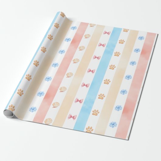 Pastel Stripe - Paw Prints, Blue Flower, Pink Bows ラッピングペーパー (アンロールド)