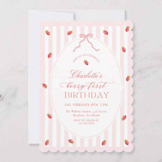Pastel Stripes Berry First Birthday Invitation 招待状 (正面)