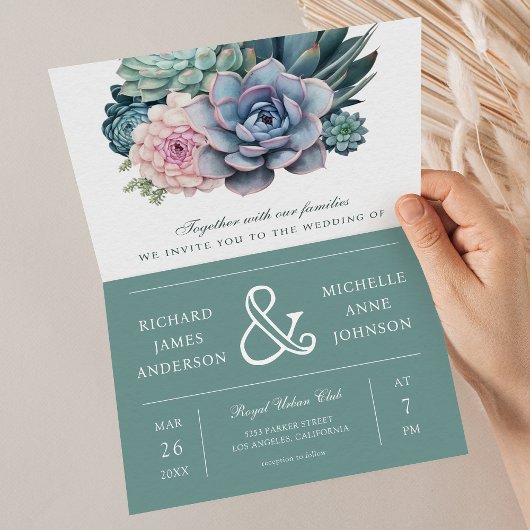 Pastel Succulent Ampersand QR Code Wedding 招待状