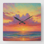 Pastel Sunset Beach - Painterly Style Seascape  スクエア壁時計 (正面)