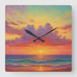 Pastel Sunset Beach - Painterly Style Seascape  スクエア壁時計