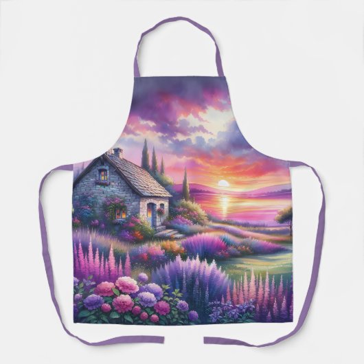 Pastel Sunset Cottage Lakeside Garden Dreamscape エプロン (正面)