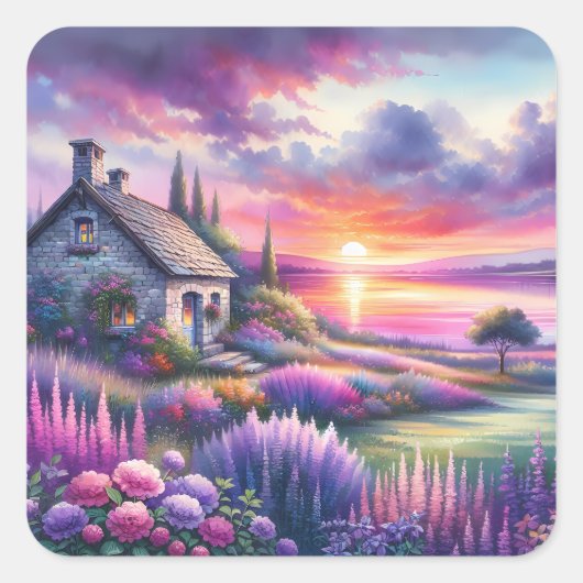 Pastel Sunset Cottage Lakeside Garden Dreamscape スクエアシール (正面)