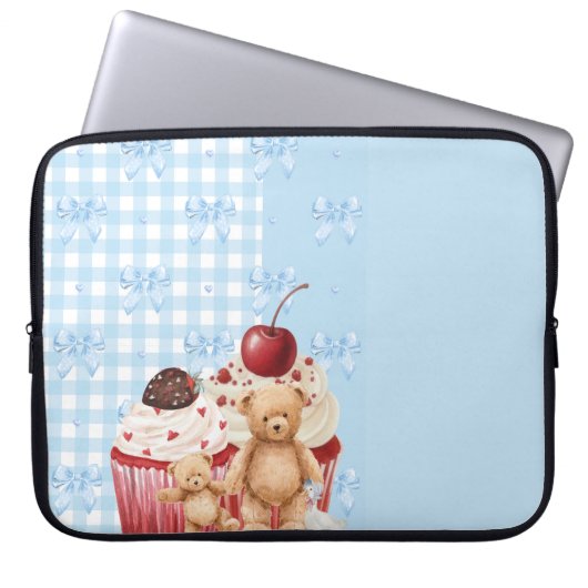 pastel "teddy bear" cupcake kawaii gingham ribbon ラップトップスリーブ (正面)