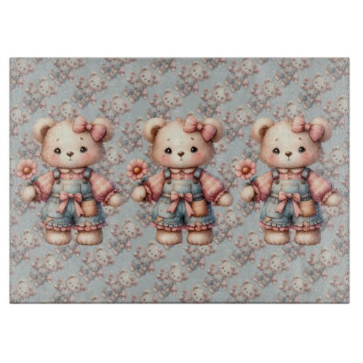 Pastel Teddy Bear Holding Flower Wearing Overalls カッティングボード (正面)
