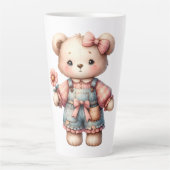 Pastel Teddy Bear Holding Flower Wearing Overalls カフェラテマグ (正面)