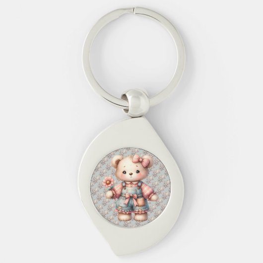 Pastel Teddy Bear Holding Flower Wearing Overalls キーホルダー (正面)