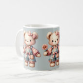 Pastel Teddy Bear Holding Flower Wearing Overalls コーヒーマグカップ (正面左)