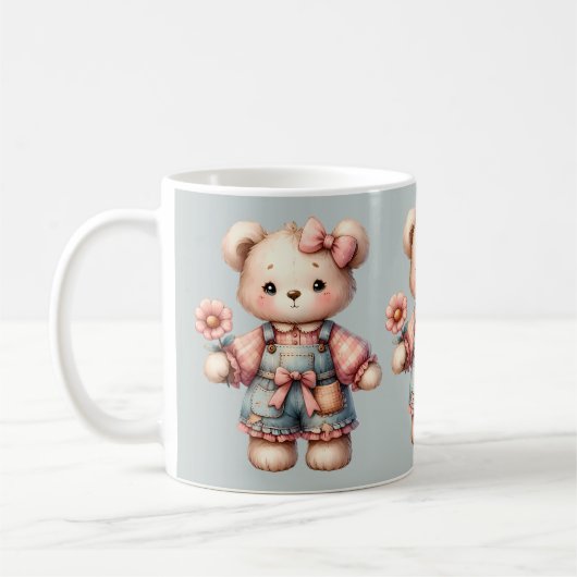 Pastel Teddy Bear Holding Flower Wearing Overalls コーヒーマグカップ (左)
