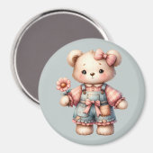Pastel Teddy Bear Holding Flower Wearing Overalls マグネット (正面/裏面)