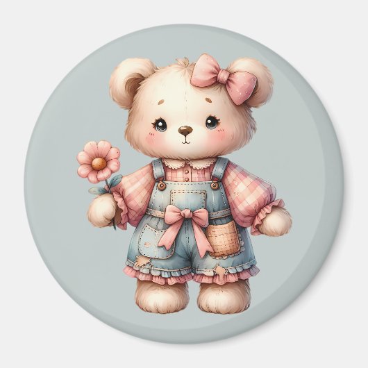 Pastel Teddy Bear Holding Flower Wearing Overalls マグネット (正面)
