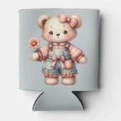 Pastel Teddy Bear Holding Flower Wearing Overalls 缶クーラー (正面)