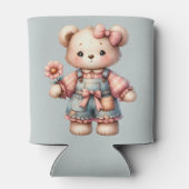 Pastel Teddy Bear Holding Flower Wearing Overalls 缶クーラー (裏面)