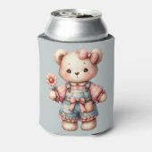 Pastel Teddy Bear Holding Flower Wearing Overalls 缶クーラー (缶裏面)