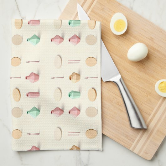 Pastel toned isometric low poly vases and cutlery キッチンタオル (四つ折り)