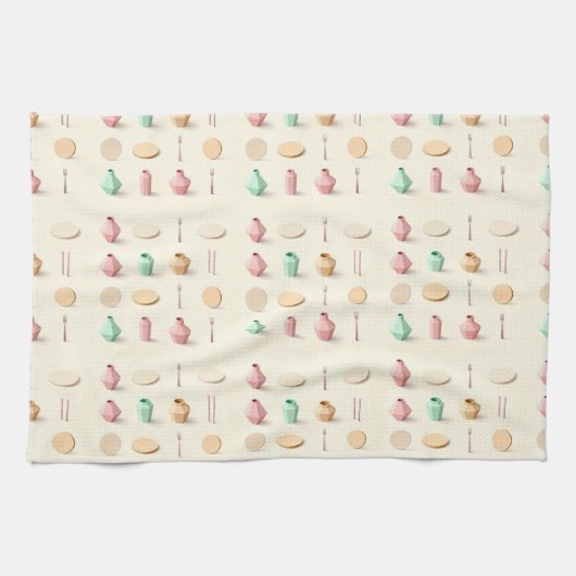 Pastel toned isometric low poly vases and cutlery キッチンタオル (横)