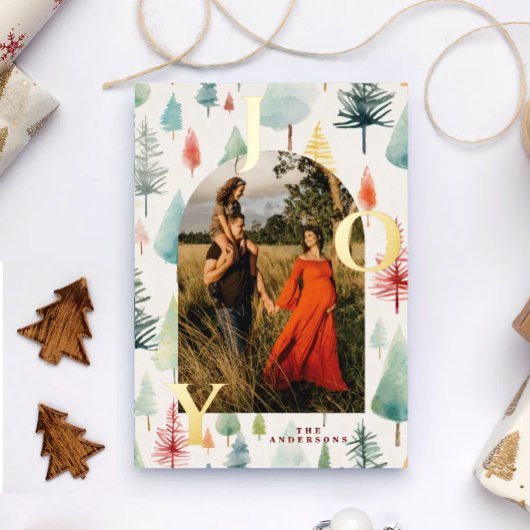 Pastel Trees Arch Photo Gold Foil Christmas Card 箔シーズンカード