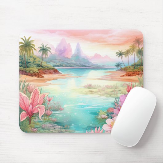 Pastel Tropical Island Beach Sunset Mountains マウスパッド (マウス)
