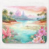 Pastel Tropical Island Beach Sunset Mountains マウスパッド (正面)