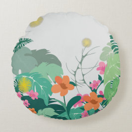 Pastel Tropical Leaves and Flowers ラウンドクッション