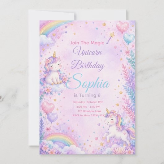 Pastel Unicorn Birthday Invitation Editable 招待状 (正面)
