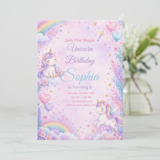 Pastel Unicorn Birthday Invitation Editable 招待状 (スタンド正面)