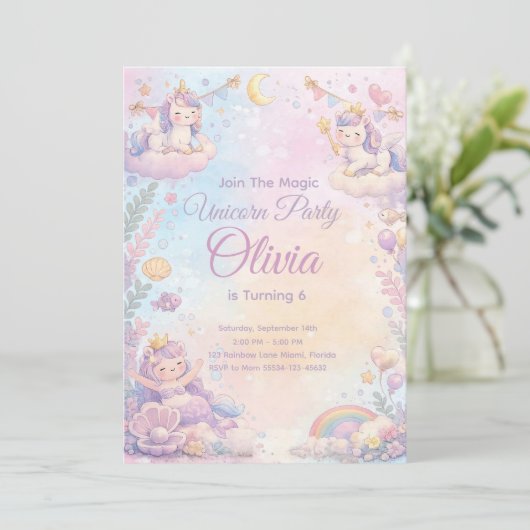 Pastel Unicorn Birthday Invitation Editable 招待状 (スタンド正面)