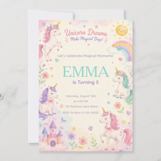 Pastel Unicorn Birthday Invitation Template 招待状 (正面)