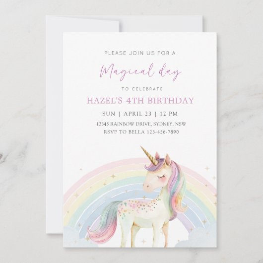Pastel Unicorn & Rainbow Birthday Any Age Party 招待状 (正面)