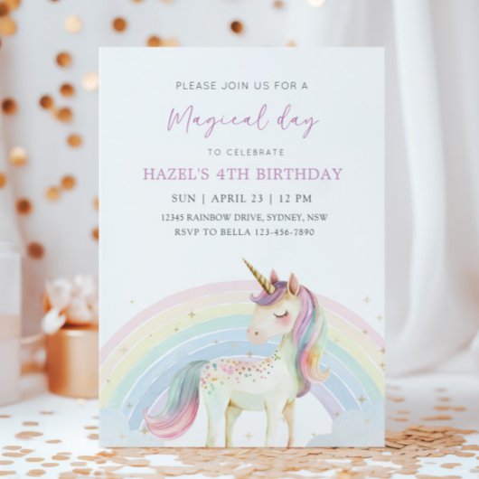 Pastel Unicorn & Rainbow Birthday Any Age Party 招待状