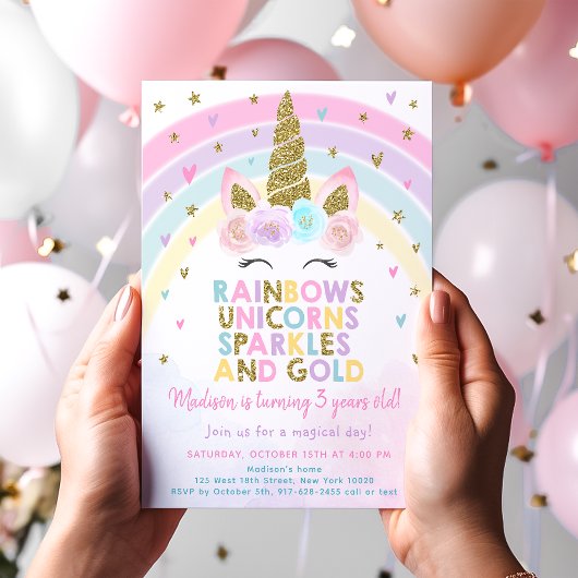 Pastel Unicorn Rainbow Sparkles Birthday 招待状