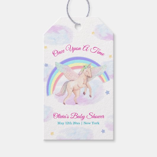 Pastel Unicorn Star Rainbow Fairytale Baby Shower ギフトタグ (正面)