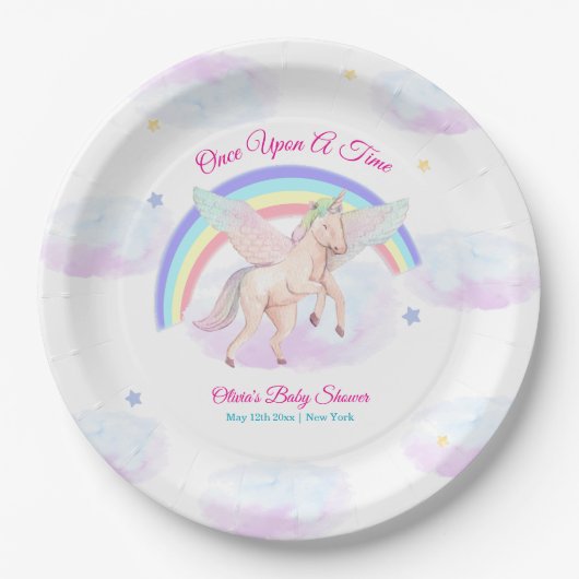 Pastel Unicorn Star Rainbow Fairytale Baby Shower ペーパープレート (正面)