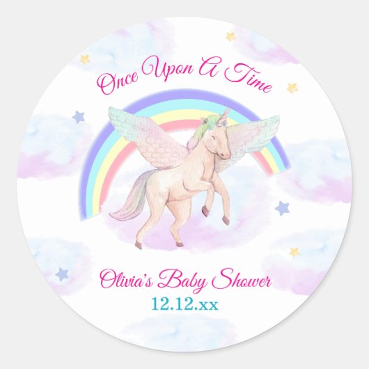 Pastel Unicorn Star Rainbow Fairytale Baby Shower ラウンドシール (正面)