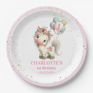 Pastel Unicorn with Balloons Birthday Paper Plates ペーパープレート