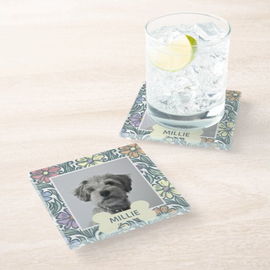 Pastel Vintage Floral Custom Dog Photo ガラスコースター (アングル)