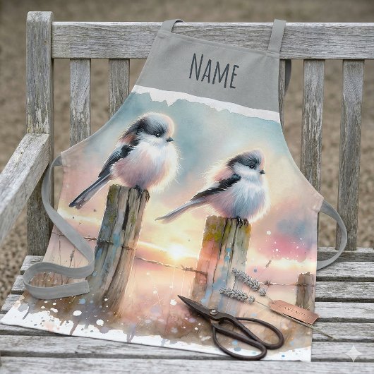 Pastel Watercolor Birds Fencepost Sunset エプロン