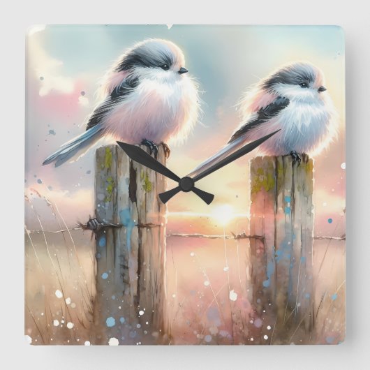 Pastel Watercolor Birds Fencepost Sunset スクエア壁時計 (正面)