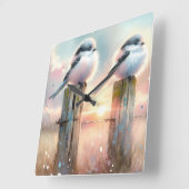 Pastel Watercolor Birds Fencepost Sunset スクエア壁時計 (傾斜)