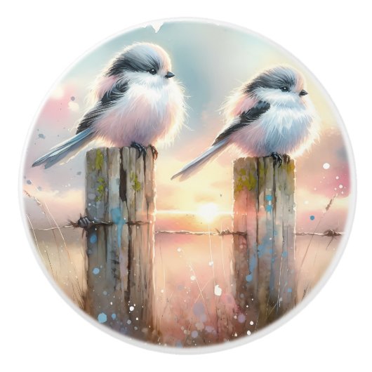 Pastel Watercolor Birds Fencepost Sunset セラミックノブ (正面)