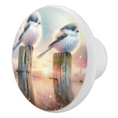 Pastel Watercolor Birds Fencepost Sunset セラミックノブ (右)