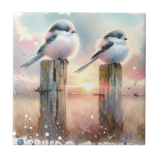 Pastel Watercolor Birds Fencepost Sunset タイル (正面)