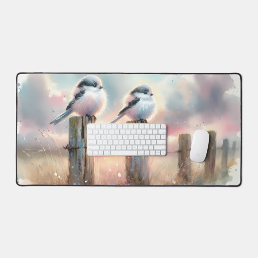Pastel Watercolor Birds Fencepost Sunset デスクマット (キーボード&マウス)