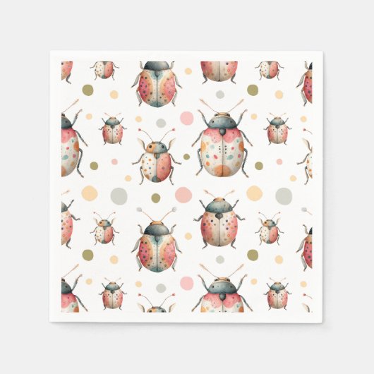 Pastel Watercolor Bugs Cute Insect Pattern Beetles スタンダードカクテルナプキン (正面)