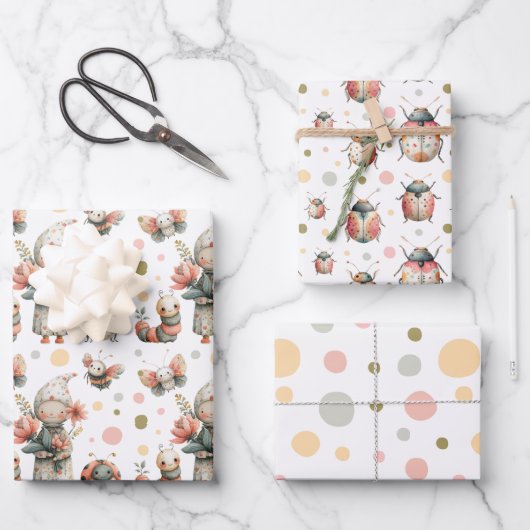 Pastel Watercolor Bugs Insect Pattern Whimsical ラッピングペーパーシート (正面)