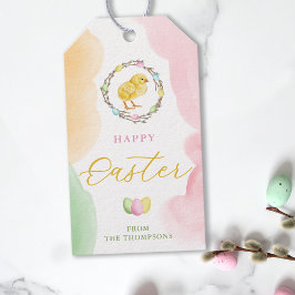 Pastel Watercolor Chick And Willow Wreath Easter ギフトタグ