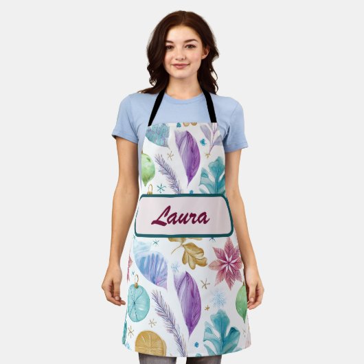 Pastel Watercolor Christmas Apron – Personalized エプロン (着用した状態)