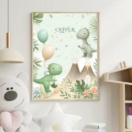 Pastel Watercolor Dino Kids Nursery Art ポスター